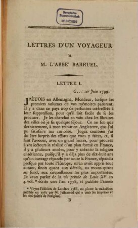 Lettres d'un voyageur à l'abbé Barruel : ou nouveaux documens pour ses mémoires