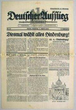 Wochenzeitung der Deutschen Staatspartei "Deutscher Aufstieg" zur Reichspräsidentenwahl 1932