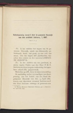 Gedenkpenning vereerd door de gemeente Heeswijk aan den architekt Snickers, 1887