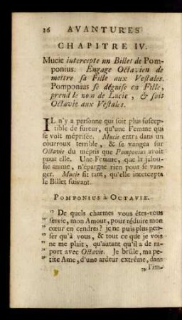 Chapitre IV. Mucie intercepte un Billet de Pomponius. Engage Octavien de mettre sa Fille aux Vestales. Pomponius se déguise en Fille, prend le non de Lucie, & suit Octavie aux Vestales.