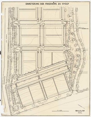 Erweiterung der Friedhöfe, Stolp: Grundriss des nordwestlichen Teils der geplanten Erweiterung des Friedhofs mit Höhenlinien zu Bestand und Planung 1:250, Maßstabsleiste