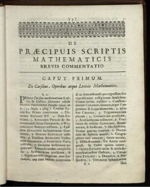 De Praecipuis Scriptis Mathematicis Brevis Commentatio. Caput Primum.