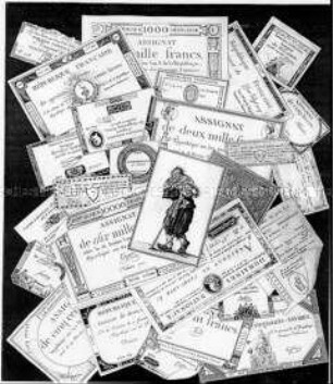 Assignaten aus der Zeit der Französischen Revolution - zuoberst das Bildnis eines Bettlers