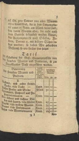 Tarif zur Erhebung der Meß-Eingangsgefälle von den fremden Waaren und Producten, so zur Frankfurther Messe eingeführet werden.