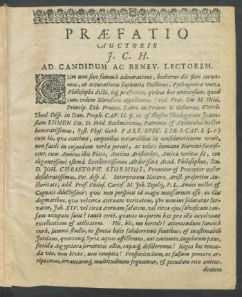 Praefatio Auctoris J. C. H. Ad Candidum Ac Benev. Lectorem