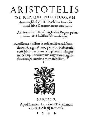 Aristotelis De Rep. Qvi Politicorvm dicuntur, libri VIII.