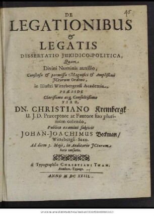 De Legationibus & Legatis Dissertatio Iuridico-Politica