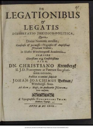 De Legationibus & Legatis Dissertatio Iuridico-Politica