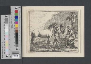 [Frau am Brunnen und Mann mit Pferd im Gespräch]