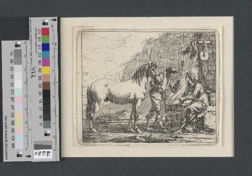 [Frau am Brunnen und Mann mit Pferd im Gespräch]
