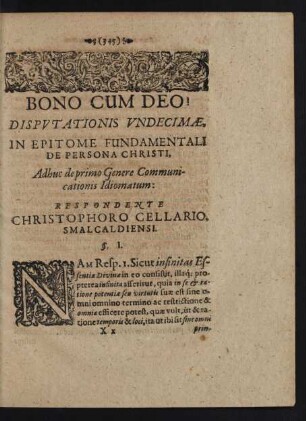 Bono Cum Deo! Disputationis Undecimae, In Epitome Fundamentali De Persona Christi, Adhuc de primo Genere Communicationis Idiomatum: