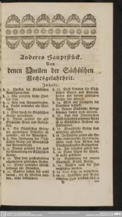 Anderes Hauptstück. Von denen Quellen der Sächsischen Rechtsgelahrheit