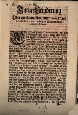 Kurtze Erinderung Uber ein abermahlen untern dato 10.ten Decembris 1740. erfolgtes Wiennerisches Circular-Rescript