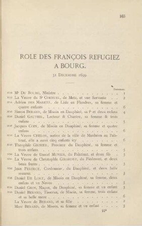 Role des françois refugiez à Bourg. 31 décembre 1699