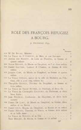 Role des françois refugiez à Bourg. 31 décembre 1699