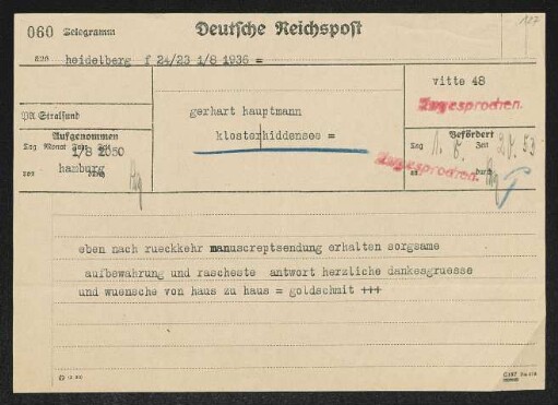 Brief von Rudolf K. Goldschmit-Jentner an Gerhart Hauptmann