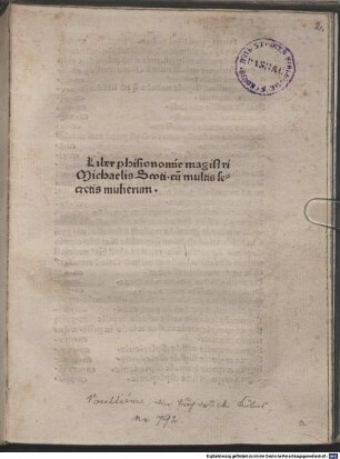 Liber phisionomie magistri Michaelis Scoti. cu[m] multis secretis mulierum