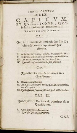 Index Capitum Et Quaestionum, Quae in Tractatus De Decimis continentur