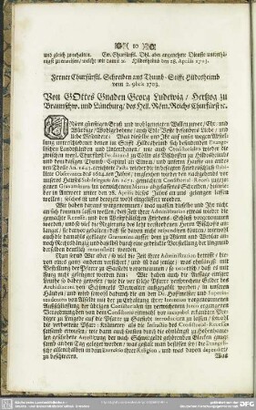 Ferner Churfürstl. Schreiben aus Thumb-Stifft Hildesheimb vom 2. 9bris 1703