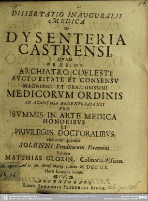 Dissertatio Inauguralis Medica De Dysenteria Castrensi