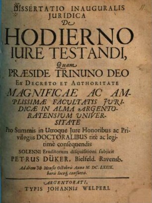 Diss. inaug. iur. de hodierno iure testandi