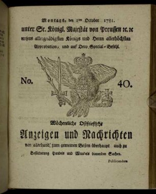 No. 40. Montags, den 1ten October 1781.