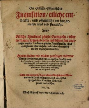 Der heiligen hispanischen Inquisition etliche entdeckte und offentliche an Tag gebrachte Ränk und Practiken ...