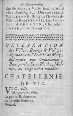Déclaration des Villes, Bourgs et Villages dépendans de l'Évêché de Metz, distingués par Châtellenies, Bans particuliers, Vaulx, Mairies, ou Seigneuries notables.