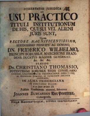 Diss. iur. de usu practico tituli Institutionum de his, qui sui vel alieni iuris sunt