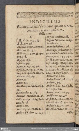 Indiculus Autorum tam Veterum quam recencentium, juxta numerum foliorum