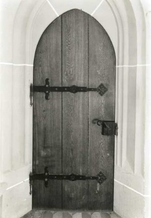 Tür. Eiche, Schmiedeeisen. Um 1870/1880. Meißen: Albrechtsburg T 45/1297, 1. Geschoß, Gang zum 1. Kurfürstenzimmer