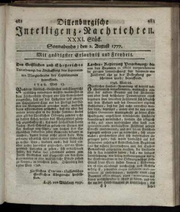 XXXI. Stück. Sonnabends: den 2. August 1777.