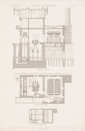 Pumpstation am Bahnhof, Görlitz: Grundriss EG, 1.OG, Schnitt (aus: Atlas zur Zeitschrift für Bauwesen, hrsg. v. G. Erbkam, Jg. 20, 1870)