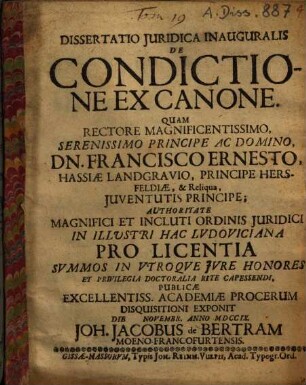 Dissertatio Iuridica Inauguralis De Condictione Ex Canone