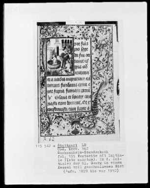 Lateinisches Stundenbuch (Sachsenheim-Gebetbuch) — Textseite mit historisierter Initiale und Drolerien, Folio 155recto