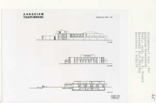 Aquarium, Lübeck-Travemünde (Diplomarbeit bei Peter Poelzig): Ansichten von Süden, Westen und Schnitt 1:200