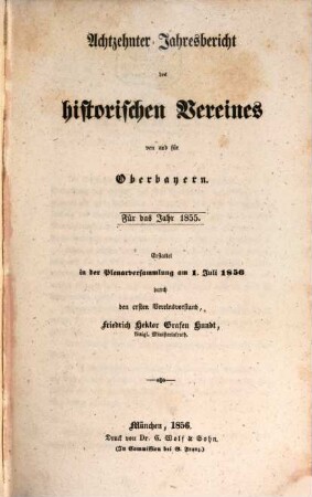 Jahresbericht des Historischen Vereins von Oberbayern. 18. 1855 (1856)