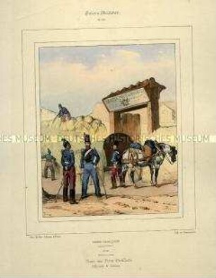 Uniformdarstellung, Offiziere und Gemeine des Trains der Artillerie-Anlage, Königreich Frankreich, 1840/1847. Tafel Nr. 50 aus: Galerie Militaire.