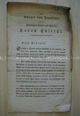 Offener Brief der Bürger von Frankfurt an den Fränkischen Bürger und General Custine; Frankfurt, 5. Nov. 1792