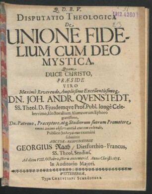 Disputatio Theologica De Unione Fidelium Cum Deo Mystica