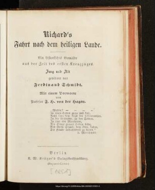 Richard's Fahrt nach dem heiligen Lande : ein historisches Gemälde aus der Zeit des ersten Kreuzzuges