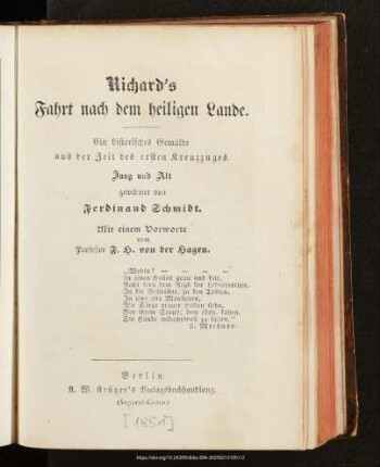 Richard's Fahrt nach dem heiligen Lande : ein historisches Gemälde aus der Zeit des ersten Kreuzzuges