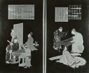 Wandschirm mit Bildnissen von vier Künstler. Darstellung, u.a.: Rechenbrett und Mathematiker sowie Kaligraph (rechts oben), Japan, 18. Jh.