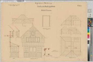 Aufnahmezeichnung: Neubau des Empfangsgebäudes Bahnhof Finnentrop, Blatt 9: Dachgeschoß: Schnitt; Haupteingang: Details, M. 1:50 und M. 1:20 und M. 1:10 Stnr.: 51, Hge, Bunr.: 13, Blnr.: 9