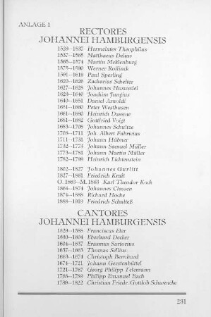 Anlage 1 Rectores Johannei Hamburgensis Cantores Johannei Hamburgensis