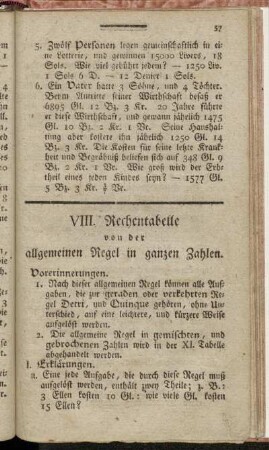 VIII. Rechentabelle von der allgemeinen Regel in ganzen Zahlen.