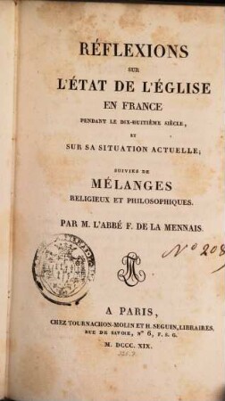Réflexions sur l'état de l'église en France ...