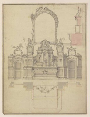 Ansicht, Schnitt und Grundriss einer breiten Altararchitektur