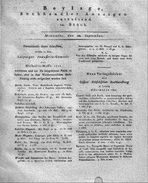 1802-09-22 : Beylage, Buchhändler Anzeigen enthaltend. 11. Stück.