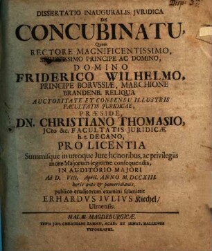 Dissertatio Inauguralis Jvridica De Concubinatu